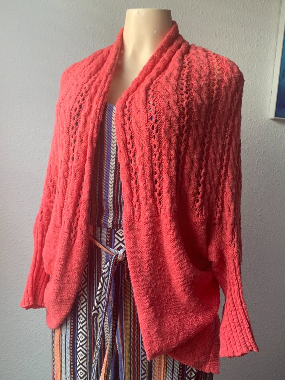 Womens Coral Pink Open Front Knit Cardigan Shrug Sweater Crochet S 100% Cotton